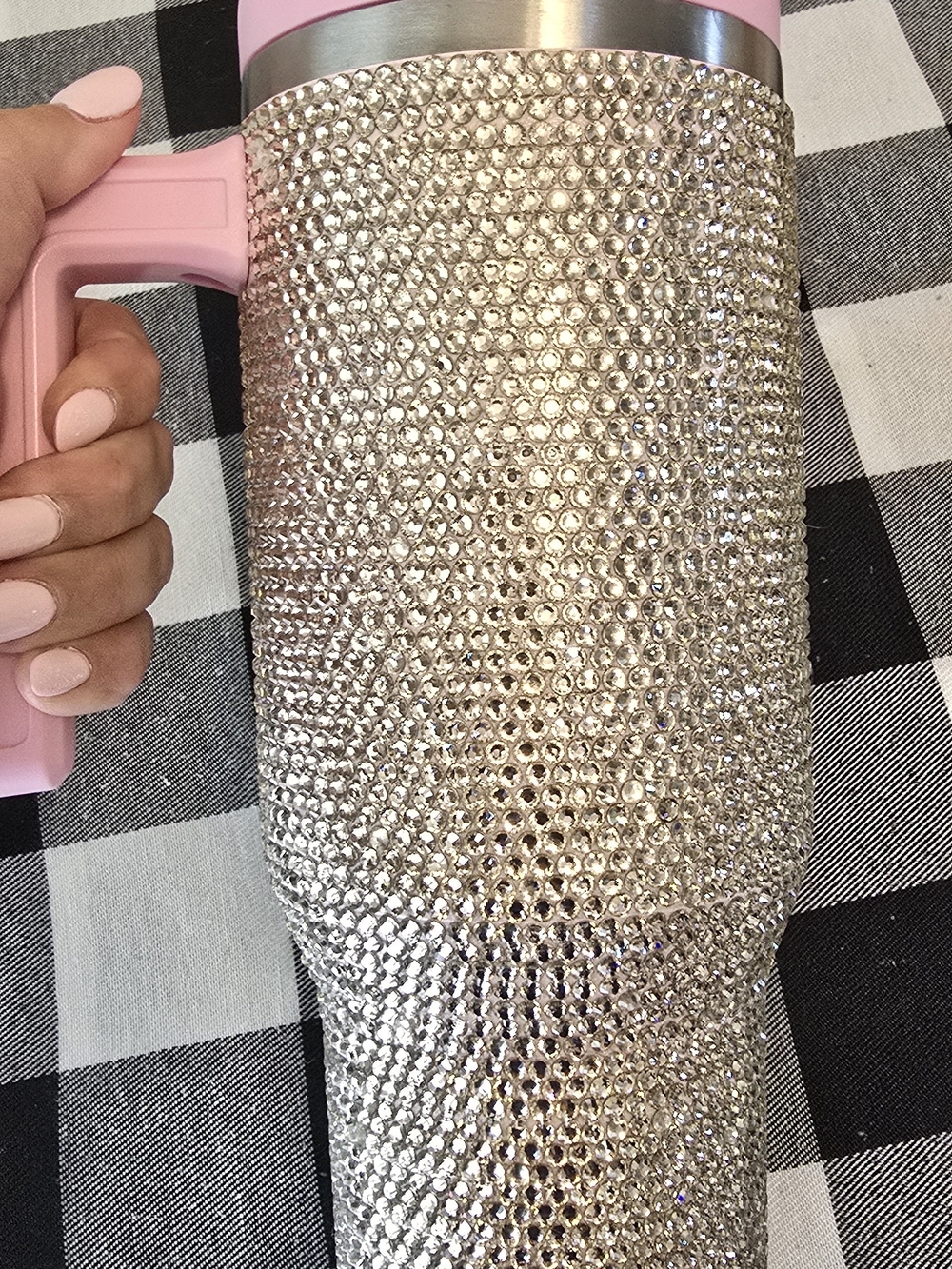Silver Rhinestone Travel Mug with Pink Handle